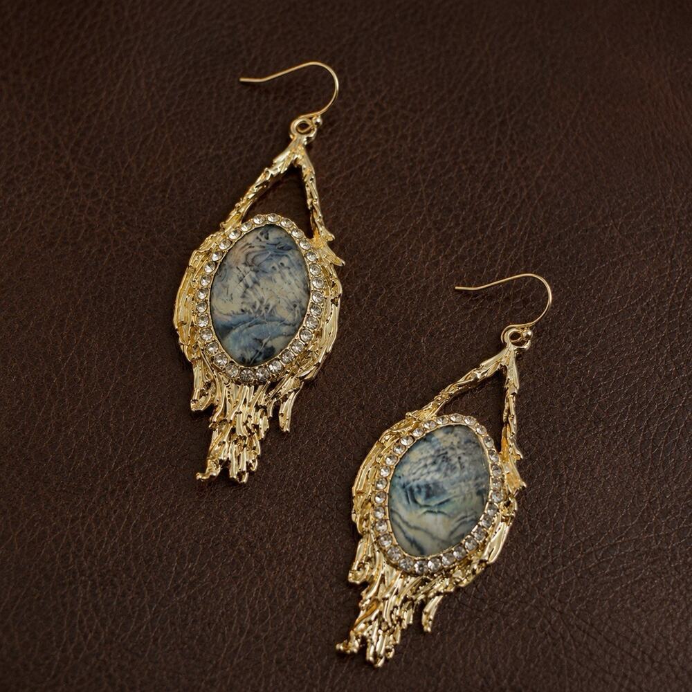 Feather Earrings Marbled VTG Cabochon Art Nouveau Gold Statement Boho Statement